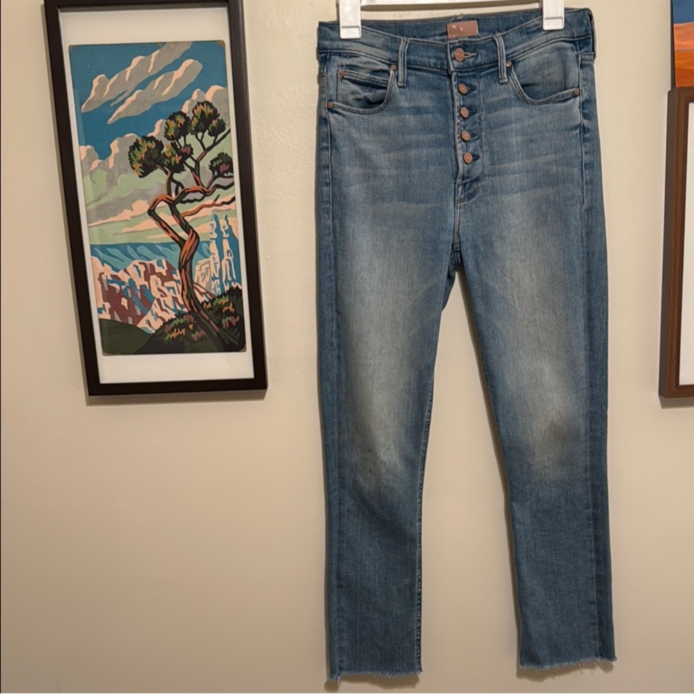MOTHER High Rise Blue Jeans with Distressed Details (Pixie Dazzler)